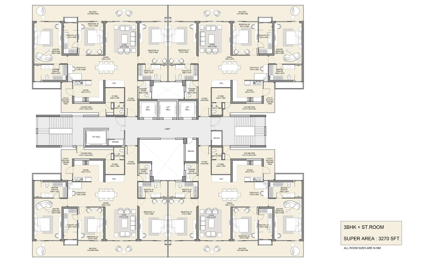M3M The Cullinan 3 BHK floor plan approx 3200 sq ft