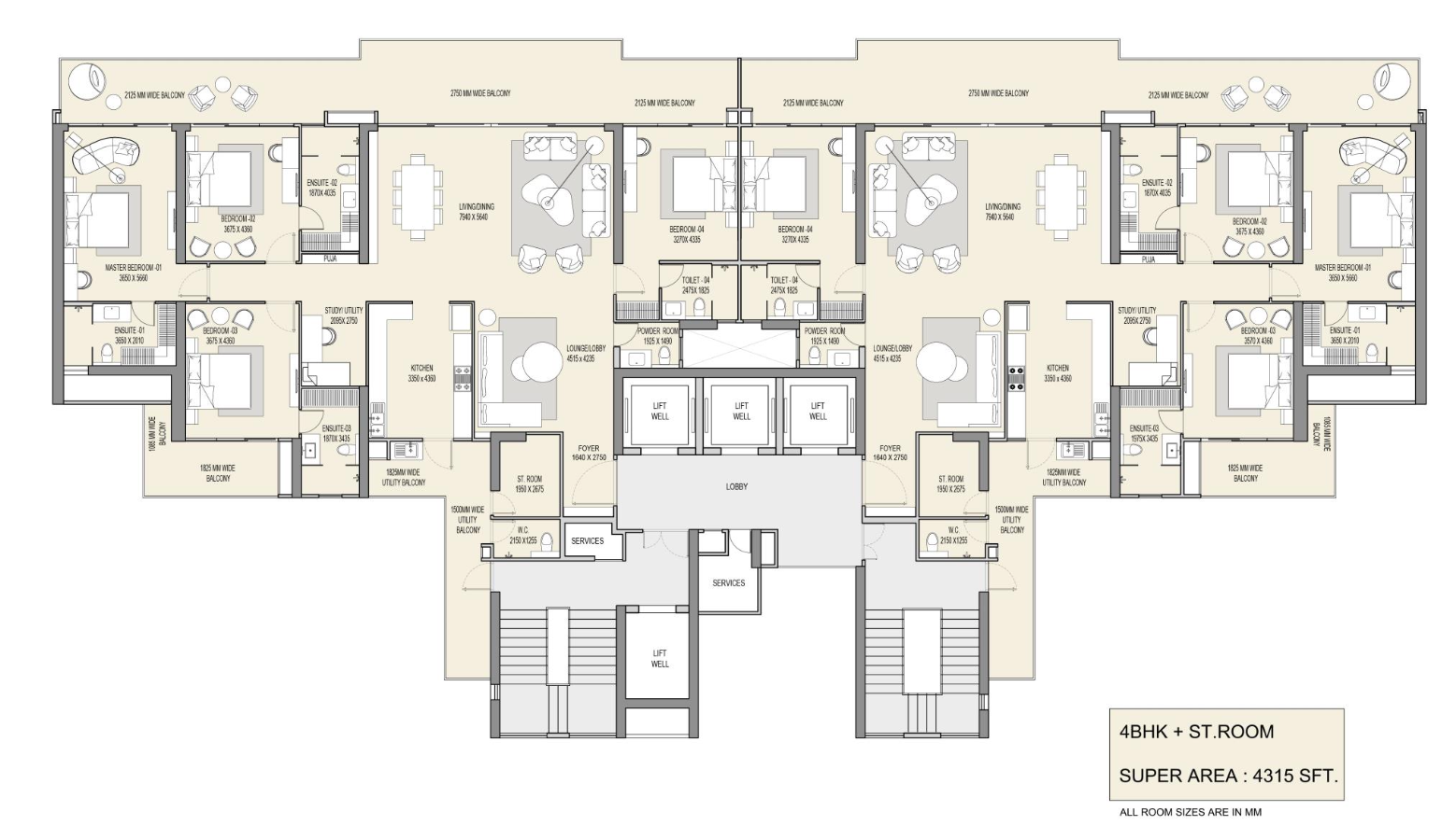 M3M The Cullinan 4 BHK floor plan approx 4300 sq ft
